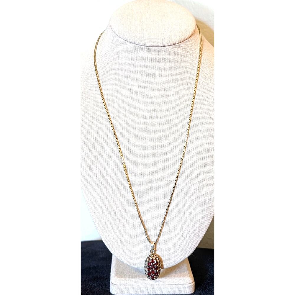 Vintage Garnet & Marcasite Pendant on Vintage 925 Danecraft Box Chain Necklace